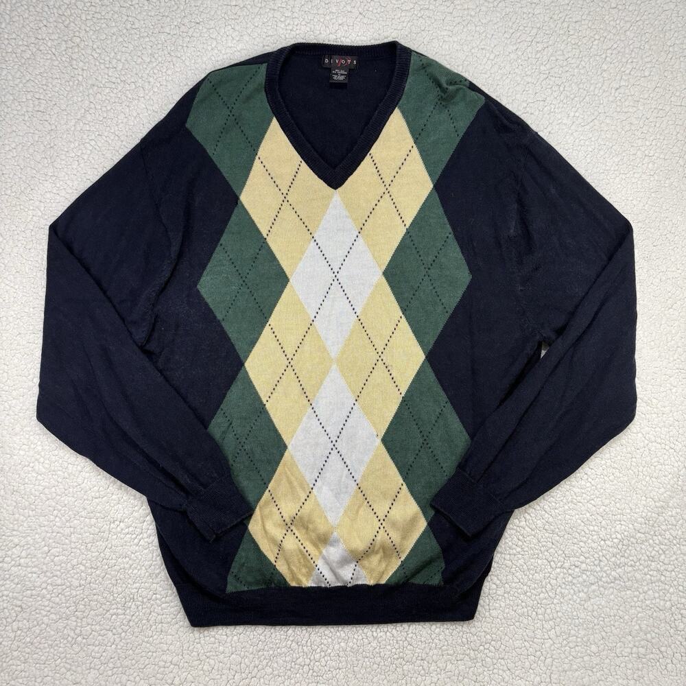 Divots Cashmere Silk Argyle Sweater Mens Size XL Navy Yellow Preppy Golf Tennis